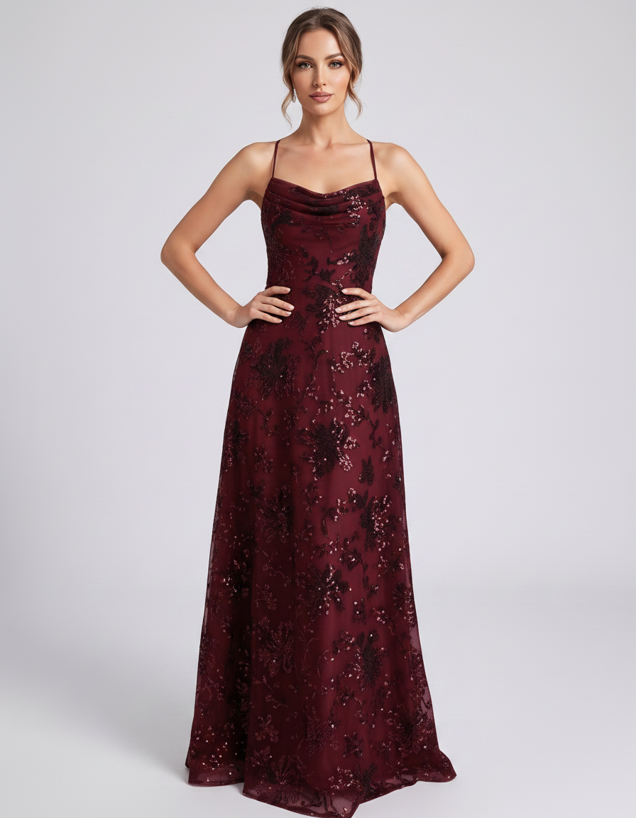 Burgundy Sequined Lace Spaghetti Strap Cowl Neck A-Line Maxi Dress | Ramblion | SKU: CM-726405193847261-BURGUNDY-L,CM-726405193847261-BURGUNDY-M,CM-726405193847261-BURGUNDY-S,CM-726405193847261-BURGUNDY-XL,CM-726405193847261-BURGUNDY-XS