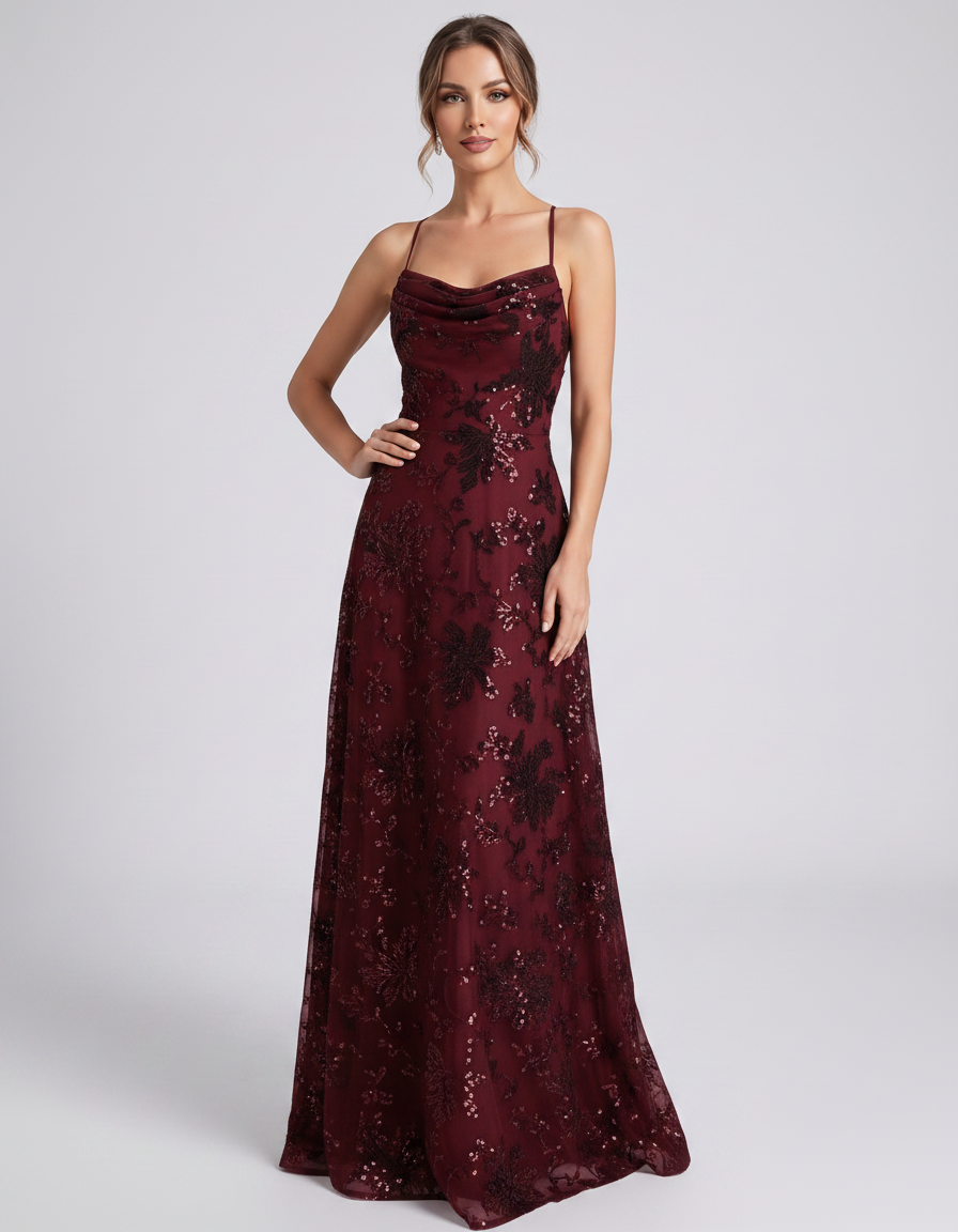 Burgundy Sequined Lace Spaghetti Strap Cowl Neck A-Line Maxi Dress | Ramblion | SKU: CM-726405193847261-BURGUNDY-L,CM-726405193847261-BURGUNDY-M,CM-726405193847261-BURGUNDY-S,CM-726405193847261-BURGUNDY-XL,CM-726405193847261-BURGUNDY-XS