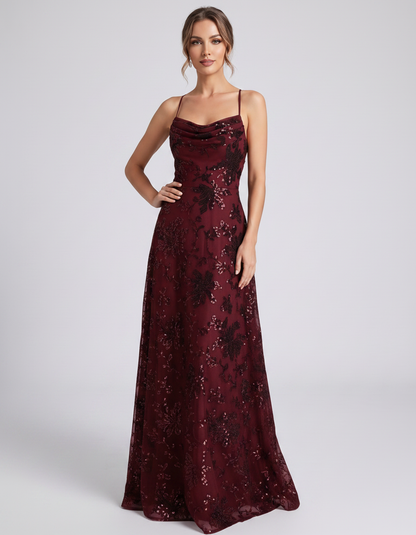 Burgundy Sequined Lace Spaghetti Strap Cowl Neck A-Line Maxi Dress | Ramblion | SKU: CM-726405193847261-BURGUNDY-L,CM-726405193847261-BURGUNDY-M,CM-726405193847261-BURGUNDY-S,CM-726405193847261-BURGUNDY-XL,CM-726405193847261-BURGUNDY-XS