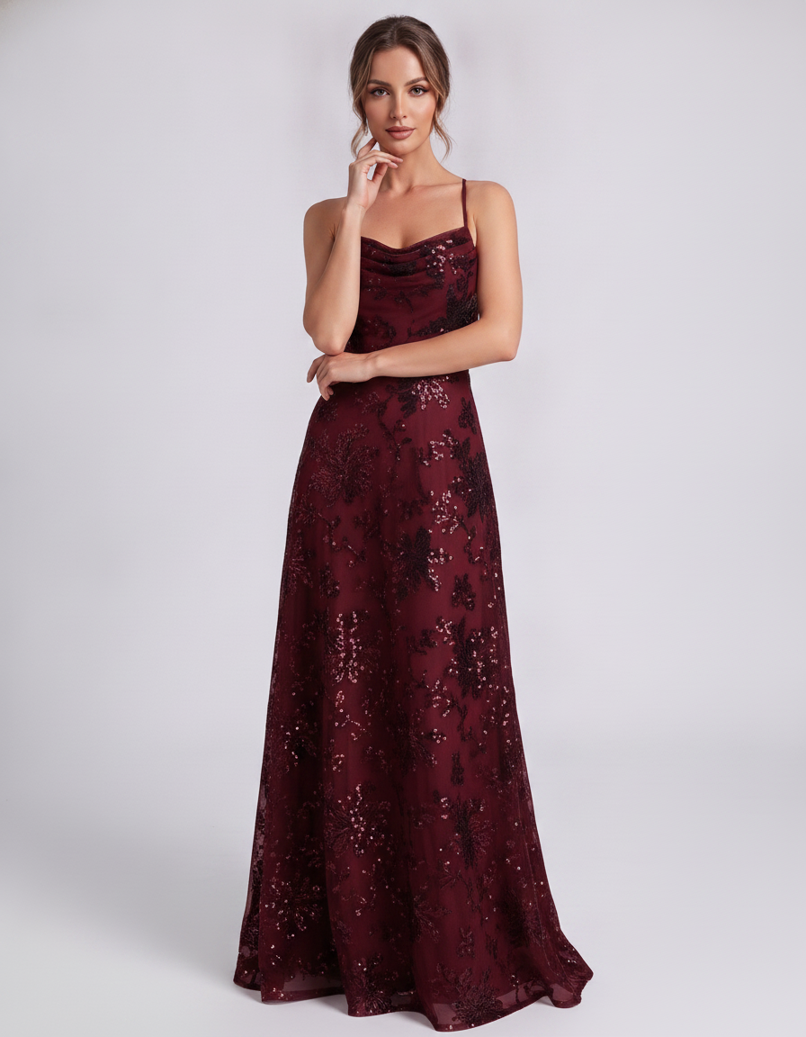 Burgundy Sequined Lace Spaghetti Strap Cowl Neck A-Line Maxi Dress | Ramblion | SKU: CM-726405193847261-BURGUNDY-L,CM-726405193847261-BURGUNDY-M,CM-726405193847261-BURGUNDY-S,CM-726405193847261-BURGUNDY-XL,CM-726405193847261-BURGUNDY-XS