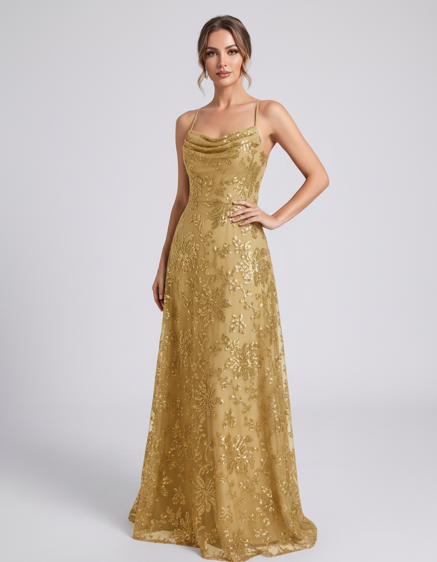Gold Sequined Lace Spaghetti Strap Cowl Neck A-Line Maxi Dress | Ramblion | SKU: CM-726405193847261-GOLD-L,CM-726405193847261-GOLD-M,CM-726405193847261-GOLD-S,CM-726405193847261-GOLD-XL,CM-726405193847261-GOLD-XS