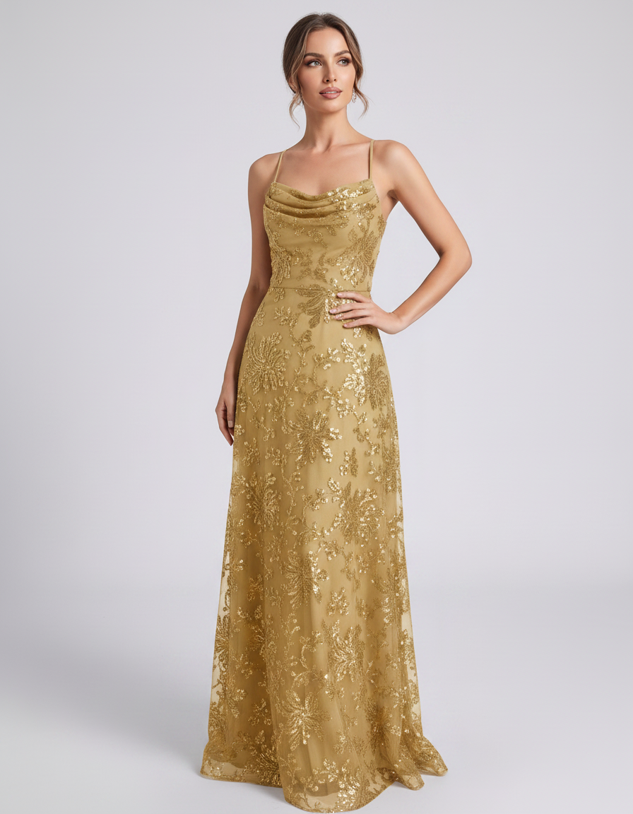 Gold Sequined Lace Spaghetti Strap Cowl Neck A-Line Maxi Dress | Ramblion | SKU: CM-726405193847261-GOLD-L,CM-726405193847261-GOLD-M,CM-726405193847261-GOLD-S,CM-726405193847261-GOLD-XL,CM-726405193847261-GOLD-XS
