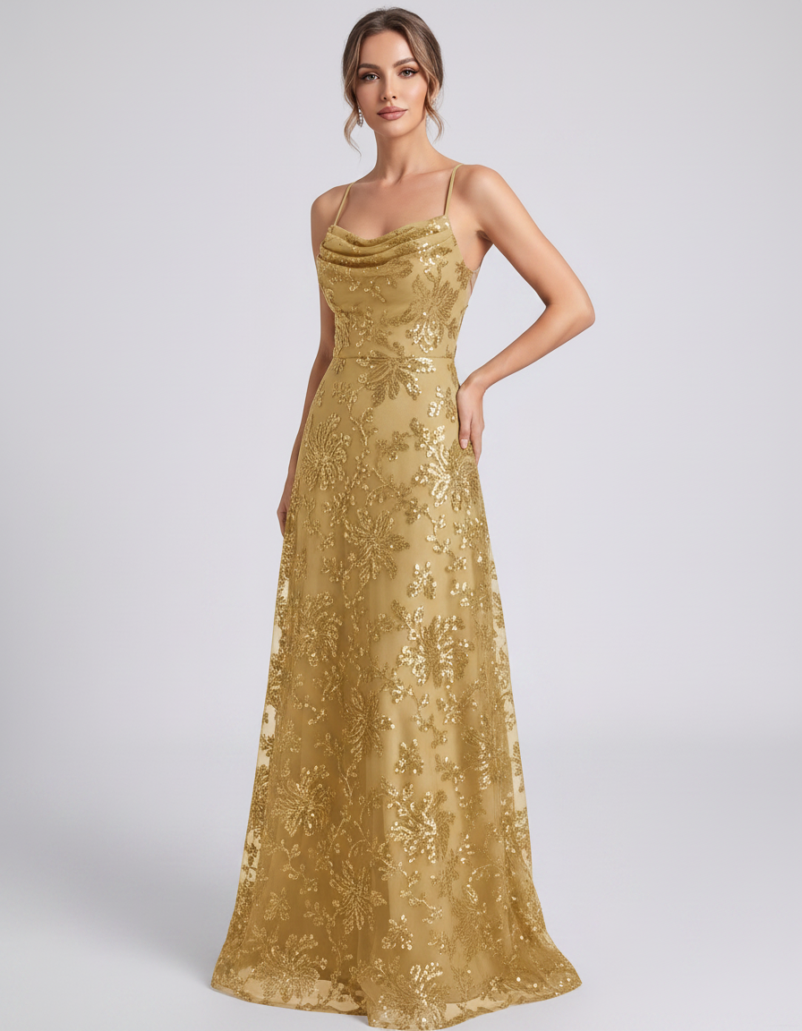 Gold Sequined Lace Spaghetti Strap Cowl Neck A-Line Maxi Dress | Ramblion | SKU: CM-726405193847261-GOLD-L,CM-726405193847261-GOLD-M,CM-726405193847261-GOLD-S,CM-726405193847261-GOLD-XL,CM-726405193847261-GOLD-XS