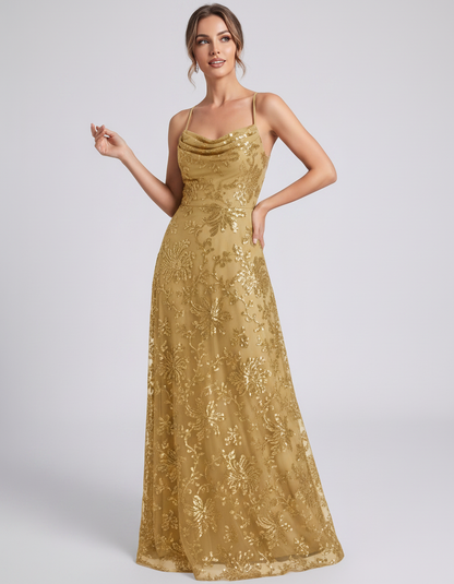 Gold Sequined Lace Spaghetti Strap Cowl Neck A-Line Maxi Dress | Ramblion | SKU: CM-726405193847261-GOLD-L,CM-726405193847261-GOLD-M,CM-726405193847261-GOLD-S,CM-726405193847261-GOLD-XL,CM-726405193847261-GOLD-XS