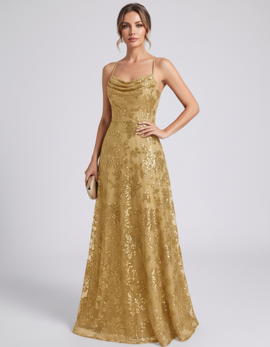 Gold Sequined Lace Spaghetti Strap Cowl Neck A-Line Maxi Dress | Ramblion | SKU: CM-726405193847261-GOLD-L,CM-726405193847261-GOLD-M,CM-726405193847261-GOLD-S,CM-726405193847261-GOLD-XL,CM-726405193847261-GOLD-XS