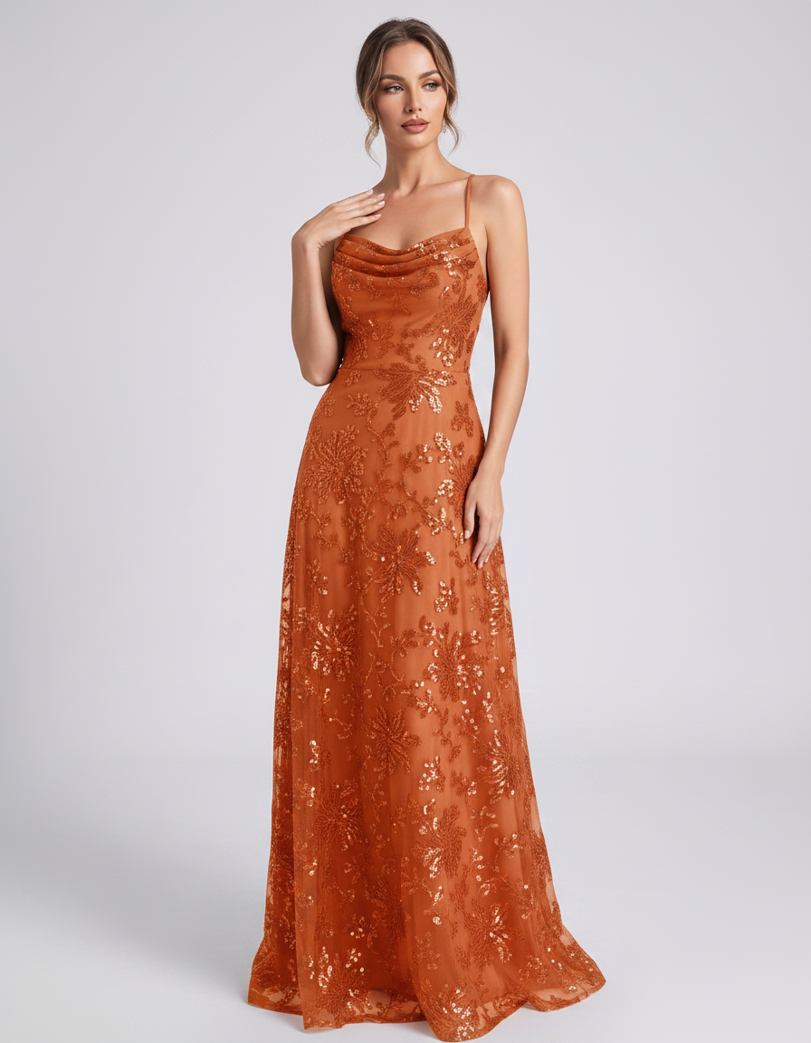 Burnt orange Sequined Lace Spaghetti Strap Cowl Neck A-Line Maxi Dress | Ramblion | SKU: CM-726405193847261-BURNTORANGE-L,CM-726405193847261-BURNTORANGE-M,CM-726405193847261-BURNTORANGE-S,CM-726405193847261-BURNTORANGE-XL,CM-726405193847261-BURNTORANGE-XS
