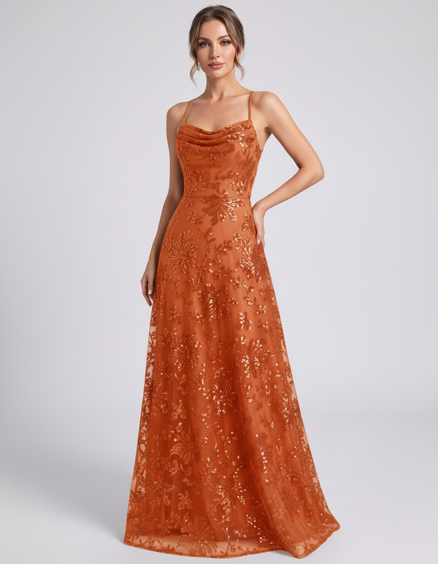 Burnt orange Sequined Lace Spaghetti Strap Cowl Neck A-Line Maxi Dress | Ramblion | SKU: CM-726405193847261-BURNTORANGE-L,CM-726405193847261-BURNTORANGE-M,CM-726405193847261-BURNTORANGE-S,CM-726405193847261-BURNTORANGE-XL,CM-726405193847261-BURNTORANGE-XS
