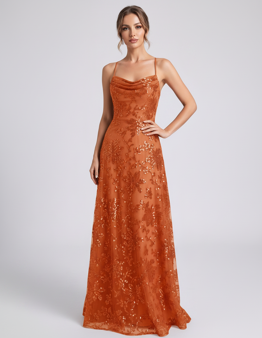 Burnt orange Sequined Lace Spaghetti Strap Cowl Neck A-Line Maxi Dress | Ramblion | SKU: CM-726405193847261-BURNTORANGE-L,CM-726405193847261-BURNTORANGE-M,CM-726405193847261-BURNTORANGE-S,CM-726405193847261-BURNTORANGE-XL,CM-726405193847261-BURNTORANGE-XS
