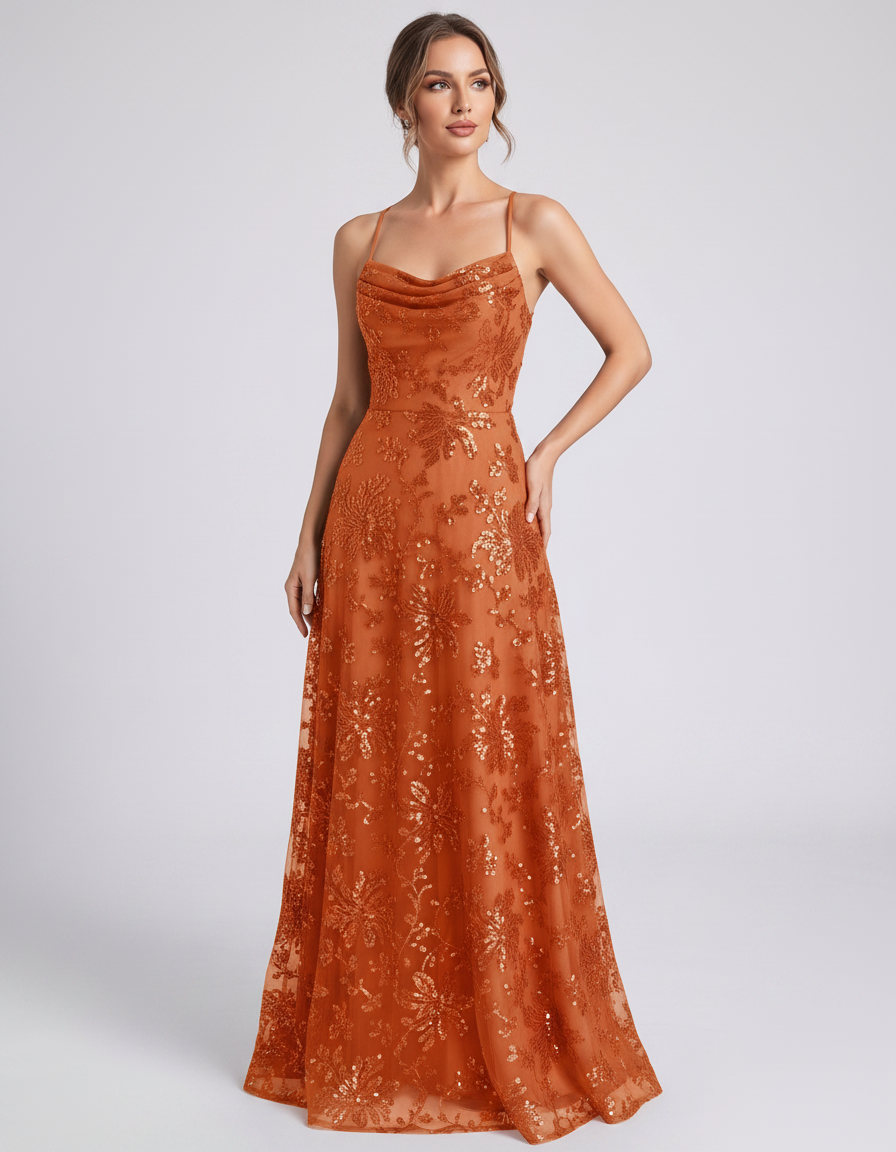 Burnt orange Sequined Lace Spaghetti Strap Cowl Neck A-Line Maxi Dress | Ramblion | SKU: CM-726405193847261-BURNTORANGE-L,CM-726405193847261-BURNTORANGE-M,CM-726405193847261-BURNTORANGE-S,CM-726405193847261-BURNTORANGE-XL,CM-726405193847261-BURNTORANGE-XS