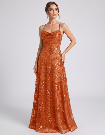 Burnt orange Sequined Lace Spaghetti Strap Cowl Neck A-Line Maxi Dress | Ramblion | SKU: CM-726405193847261-BURNTORANGE-L,CM-726405193847261-BURNTORANGE-M,CM-726405193847261-BURNTORANGE-S,CM-726405193847261-BURNTORANGE-XL,CM-726405193847261-BURNTORANGE-XS