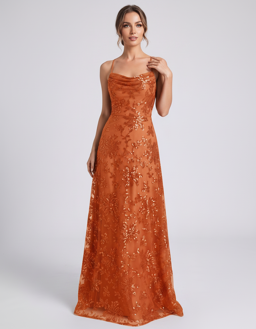 Burnt orange Sequined Lace Spaghetti Strap Cowl Neck A-Line Maxi Dress | Ramblion | SKU: CM-726405193847261-BURNTORANGE-L,CM-726405193847261-BURNTORANGE-M,CM-726405193847261-BURNTORANGE-S,CM-726405193847261-BURNTORANGE-XL,CM-726405193847261-BURNTORANGE-XS