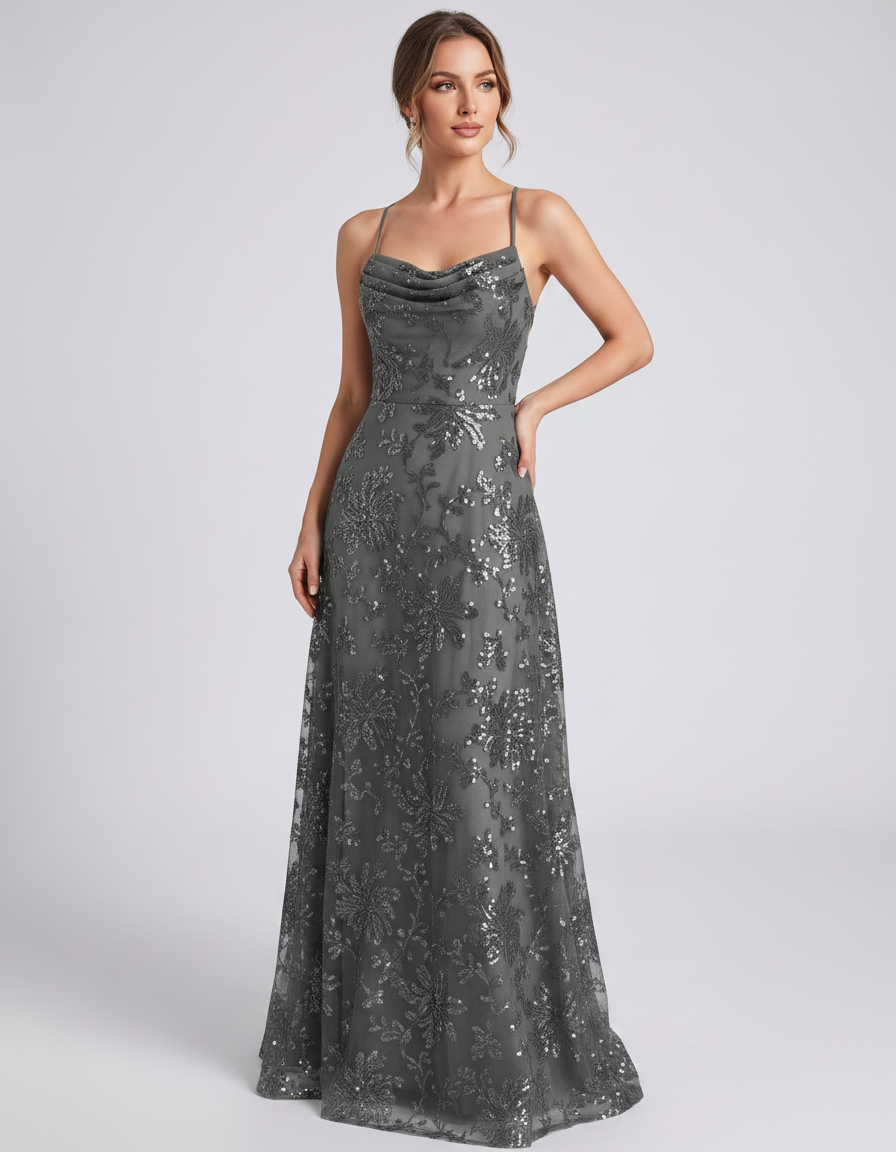 Grey Sequined Lace Spaghetti Strap Cowl Neck A-Line Maxi Dress | Ramblion | SKU: CM-726405193847261-GREY-L,CM-726405193847261-GREY-M,CM-726405193847261-GREY-S,CM-726405193847261-GREY-XL,CM-726405193847261-GREY-XS