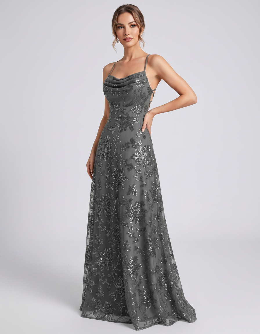 Grey Sequined Lace Spaghetti Strap Cowl Neck A-Line Maxi Dress | Ramblion | SKU: CM-726405193847261-GREY-L,CM-726405193847261-GREY-M,CM-726405193847261-GREY-S,CM-726405193847261-GREY-XL,CM-726405193847261-GREY-XS