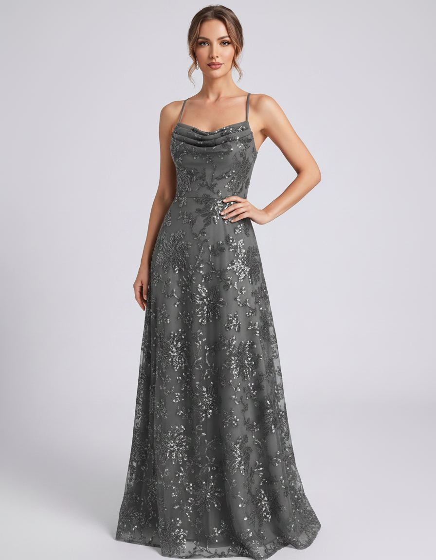 Grey Sequined Lace Spaghetti Strap Cowl Neck A-Line Maxi Dress | Ramblion | SKU: CM-726405193847261-GREY-L,CM-726405193847261-GREY-M,CM-726405193847261-GREY-S,CM-726405193847261-GREY-XL,CM-726405193847261-GREY-XS