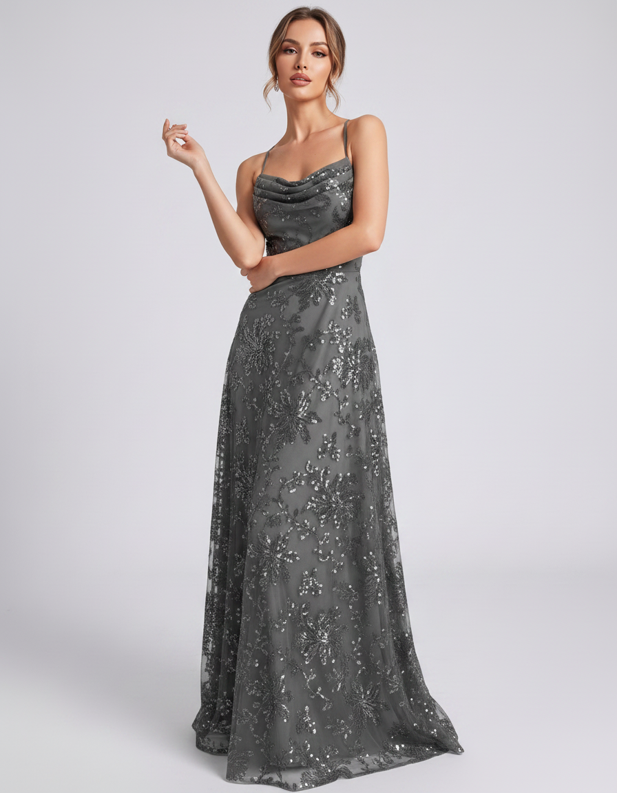 Grey Sequined Lace Spaghetti Strap Cowl Neck A-Line Maxi Dress | Ramblion | SKU: CM-726405193847261-GREY-L,CM-726405193847261-GREY-M,CM-726405193847261-GREY-S,CM-726405193847261-GREY-XL,CM-726405193847261-GREY-XS