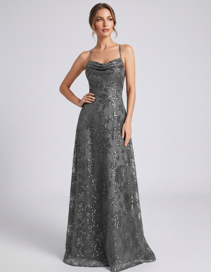 Grey Sequined Lace Spaghetti Strap Cowl Neck A-Line Maxi Dress | Ramblion | SKU: CM-726405193847261-GREY-L,CM-726405193847261-GREY-M,CM-726405193847261-GREY-S,CM-726405193847261-GREY-XL,CM-726405193847261-GREY-XS