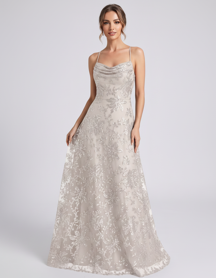 Ivory Sequined Lace Spaghetti Strap Cowl Neck A-Line Maxi Dress | Ramblion | SKU: CM-726405193847261-IVORY-L,CM-726405193847261-IVORY-M,CM-726405193847261-IVORY-S,CM-726405193847261-IVORY-XL,CM-726405193847261-IVORY-XS