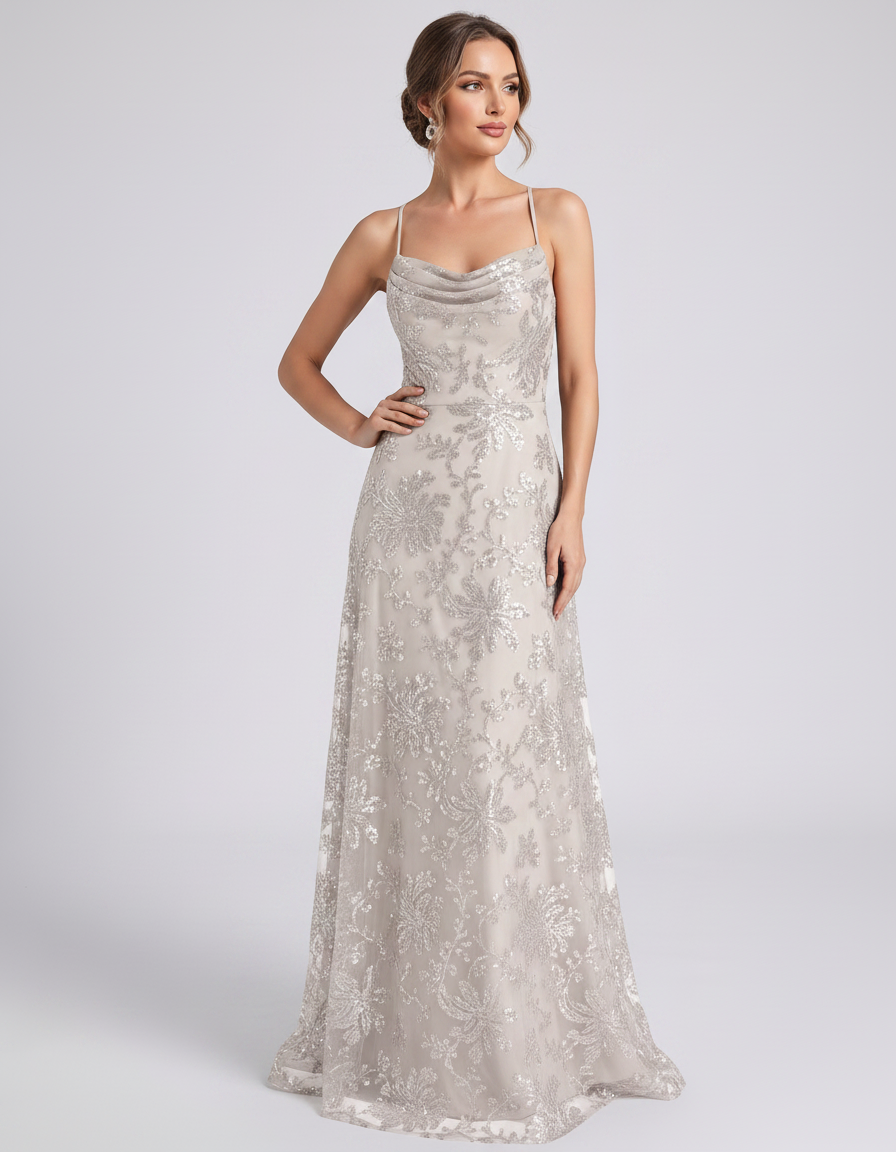 Ivory Sequined Lace Spaghetti Strap Cowl Neck A-Line Maxi Dress | Ramblion | SKU: CM-726405193847261-IVORY-L,CM-726405193847261-IVORY-M,CM-726405193847261-IVORY-S,CM-726405193847261-IVORY-XL,CM-726405193847261-IVORY-XS