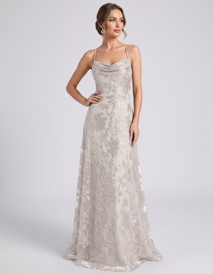 Ivory Sequined Lace Spaghetti Strap Cowl Neck A-Line Maxi Dress | Ramblion | SKU: CM-726405193847261-IVORY-L,CM-726405193847261-IVORY-M,CM-726405193847261-IVORY-S,CM-726405193847261-IVORY-XL,CM-726405193847261-IVORY-XS