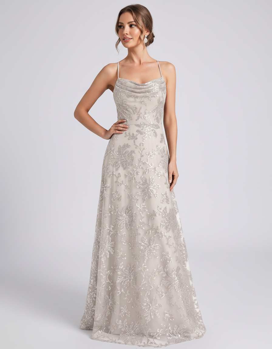 Ivory Sequined Lace Spaghetti Strap Cowl Neck A-Line Maxi Dress | Ramblion | SKU: CM-726405193847261-IVORY-L,CM-726405193847261-IVORY-M,CM-726405193847261-IVORY-S,CM-726405193847261-IVORY-XL,CM-726405193847261-IVORY-XS