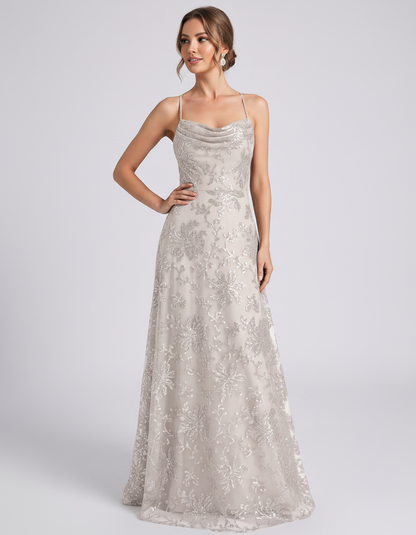Ivory Sequined Lace Spaghetti Strap Cowl Neck A-Line Maxi Dress | Ramblion | SKU: CM-726405193847261-IVORY-L,CM-726405193847261-IVORY-M,CM-726405193847261-IVORY-S,CM-726405193847261-IVORY-XL,CM-726405193847261-IVORY-XS