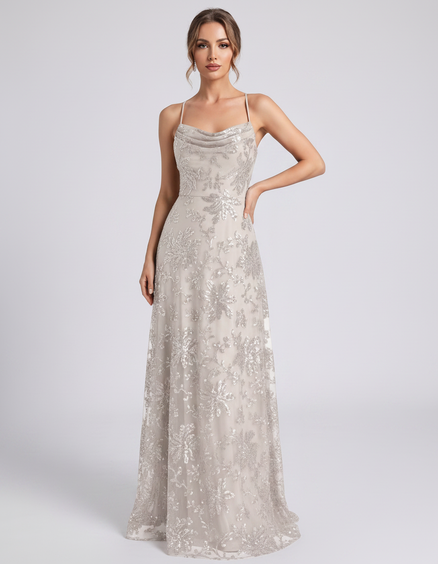 Ivory Sequined Lace Spaghetti Strap Cowl Neck A-Line Maxi Dress | Ramblion | SKU: CM-726405193847261-IVORY-L,CM-726405193847261-IVORY-M,CM-726405193847261-IVORY-S,CM-726405193847261-IVORY-XL,CM-726405193847261-IVORY-XS