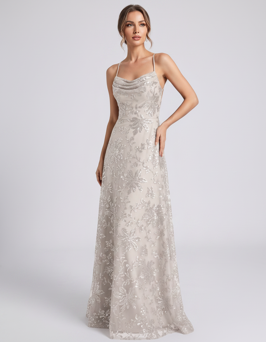 Ivory Sequined Lace Spaghetti Strap Cowl Neck A-Line Maxi Dress | Ramblion | SKU: CM-726405193847261-IVORY-L,CM-726405193847261-IVORY-M,CM-726405193847261-IVORY-S,CM-726405193847261-IVORY-XL,CM-726405193847261-IVORY-XS