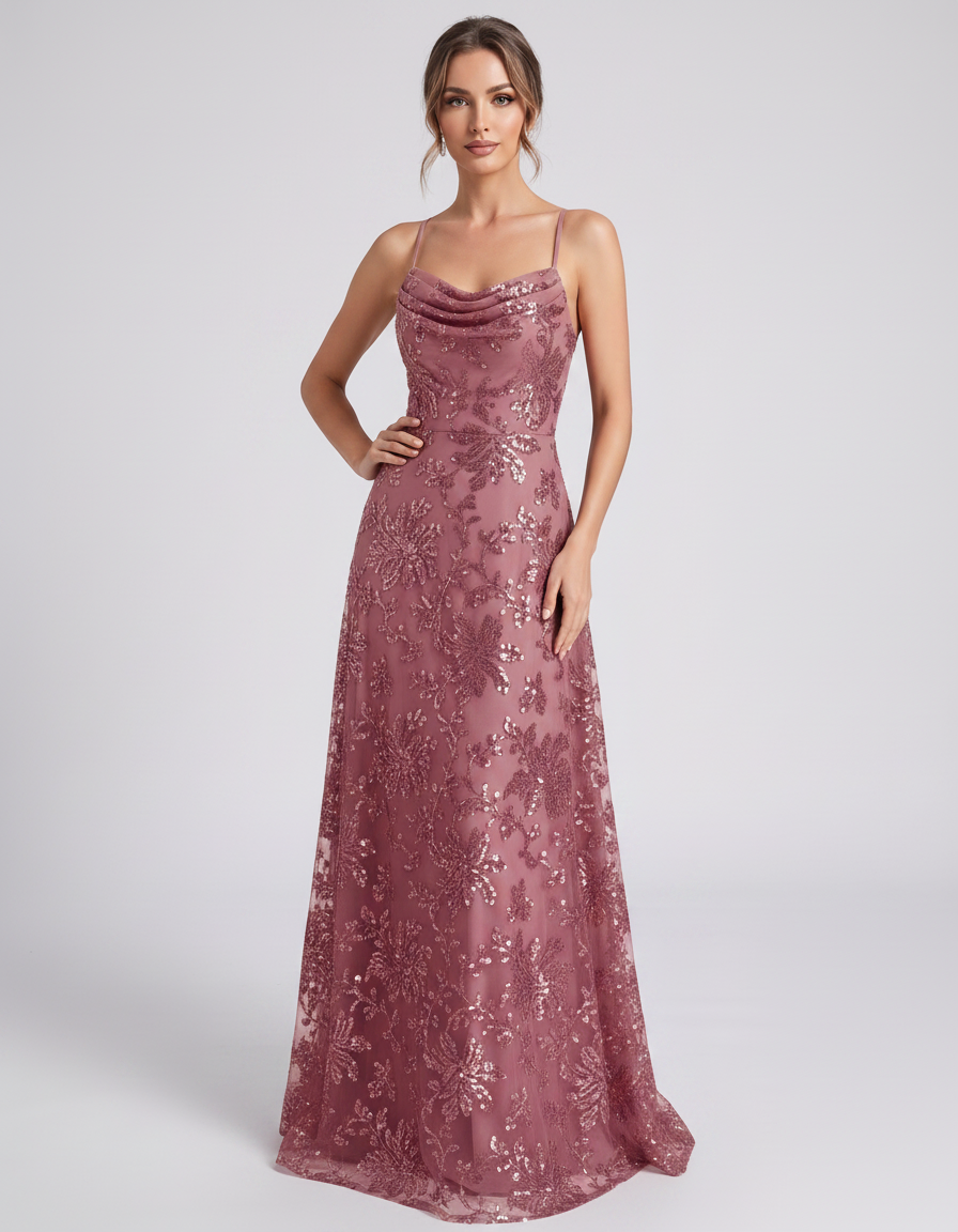 Dusty rose Sequined Lace Spaghetti Strap Cowl Neck A-Line Maxi Dress | Ramblion | SKU: CM-726405193847261-DUSTYROSE-L,CM-726405193847261-DUSTYROSE-M,CM-726405193847261-DUSTYROSE-S,CM-726405193847261-DUSTYROSE-XL,CM-726405193847261-DUSTYROSE-XS