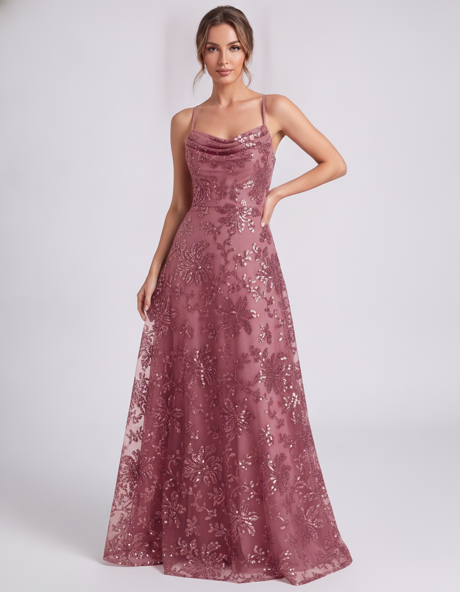 Dusty rose Sequined Lace Spaghetti Strap Cowl Neck A-Line Maxi Dress | Ramblion | SKU: CM-726405193847261-DUSTYROSE-L,CM-726405193847261-DUSTYROSE-M,CM-726405193847261-DUSTYROSE-S,CM-726405193847261-DUSTYROSE-XL,CM-726405193847261-DUSTYROSE-XS