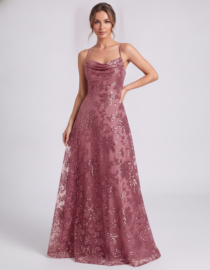 Dusty rose Sequined Lace Spaghetti Strap Cowl Neck A-Line Maxi Dress | Ramblion | SKU: CM-726405193847261-DUSTYROSE-L,CM-726405193847261-DUSTYROSE-M,CM-726405193847261-DUSTYROSE-S,CM-726405193847261-DUSTYROSE-XL,CM-726405193847261-DUSTYROSE-XS