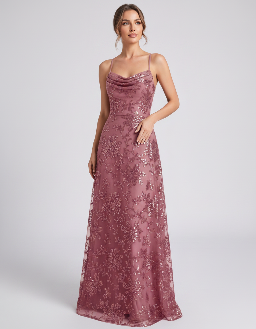 Dusty rose Sequined Lace Spaghetti Strap Cowl Neck A-Line Maxi Dress | Ramblion | SKU: CM-726405193847261-DUSTYROSE-L,CM-726405193847261-DUSTYROSE-M,CM-726405193847261-DUSTYROSE-S,CM-726405193847261-DUSTYROSE-XL,CM-726405193847261-DUSTYROSE-XS