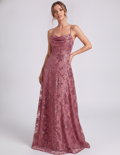 Dusty rose Sequined Lace Spaghetti Strap Cowl Neck A-Line Maxi Dress | Ramblion | SKU: CM-726405193847261-DUSTYROSE-L,CM-726405193847261-DUSTYROSE-M,CM-726405193847261-DUSTYROSE-S,CM-726405193847261-DUSTYROSE-XL,CM-726405193847261-DUSTYROSE-XS