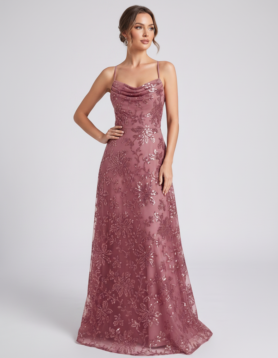 Dusty rose Sequined Lace Spaghetti Strap Cowl Neck A-Line Maxi Dress | Ramblion | SKU: CM-726405193847261-DUSTYROSE-L,CM-726405193847261-DUSTYROSE-M,CM-726405193847261-DUSTYROSE-S,CM-726405193847261-DUSTYROSE-XL,CM-726405193847261-DUSTYROSE-XS