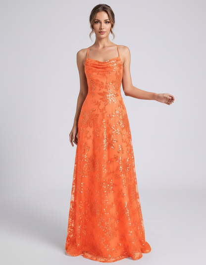 Orange Sequined Lace Spaghetti Strap Cowl Neck A-Line Maxi Dress | Ramblion | SKU: CM-726405193847261-ORANGE-L,CM-726405193847261-ORANGE-M,CM-726405193847261-ORANGE-S,CM-726405193847261-ORANGE-XL,CM-726405193847261-ORANGE-XS