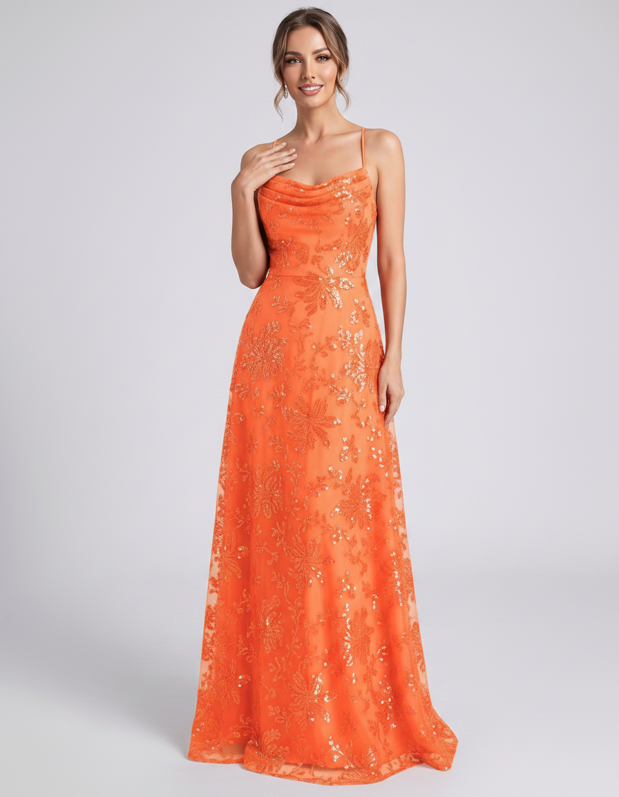 Orange Sequined Lace Spaghetti Strap Cowl Neck A-Line Maxi Dress | Ramblion | SKU: CM-726405193847261-ORANGE-L,CM-726405193847261-ORANGE-M,CM-726405193847261-ORANGE-S,CM-726405193847261-ORANGE-XL,CM-726405193847261-ORANGE-XS