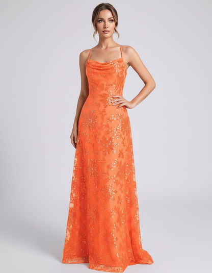 Orange Sequined Lace Spaghetti Strap Cowl Neck A-Line Maxi Dress | Ramblion | SKU: CM-726405193847261-ORANGE-L,CM-726405193847261-ORANGE-M,CM-726405193847261-ORANGE-S,CM-726405193847261-ORANGE-XL,CM-726405193847261-ORANGE-XS