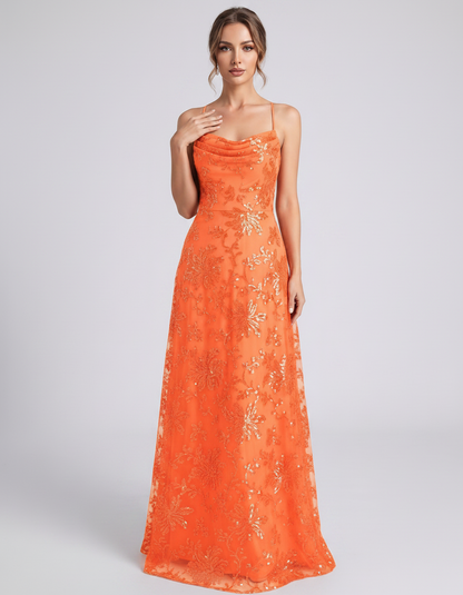 Orange Sequined Lace Spaghetti Strap Cowl Neck A-Line Maxi Dress | Ramblion | SKU: CM-726405193847261-ORANGE-L,CM-726405193847261-ORANGE-M,CM-726405193847261-ORANGE-S,CM-726405193847261-ORANGE-XL,CM-726405193847261-ORANGE-XS