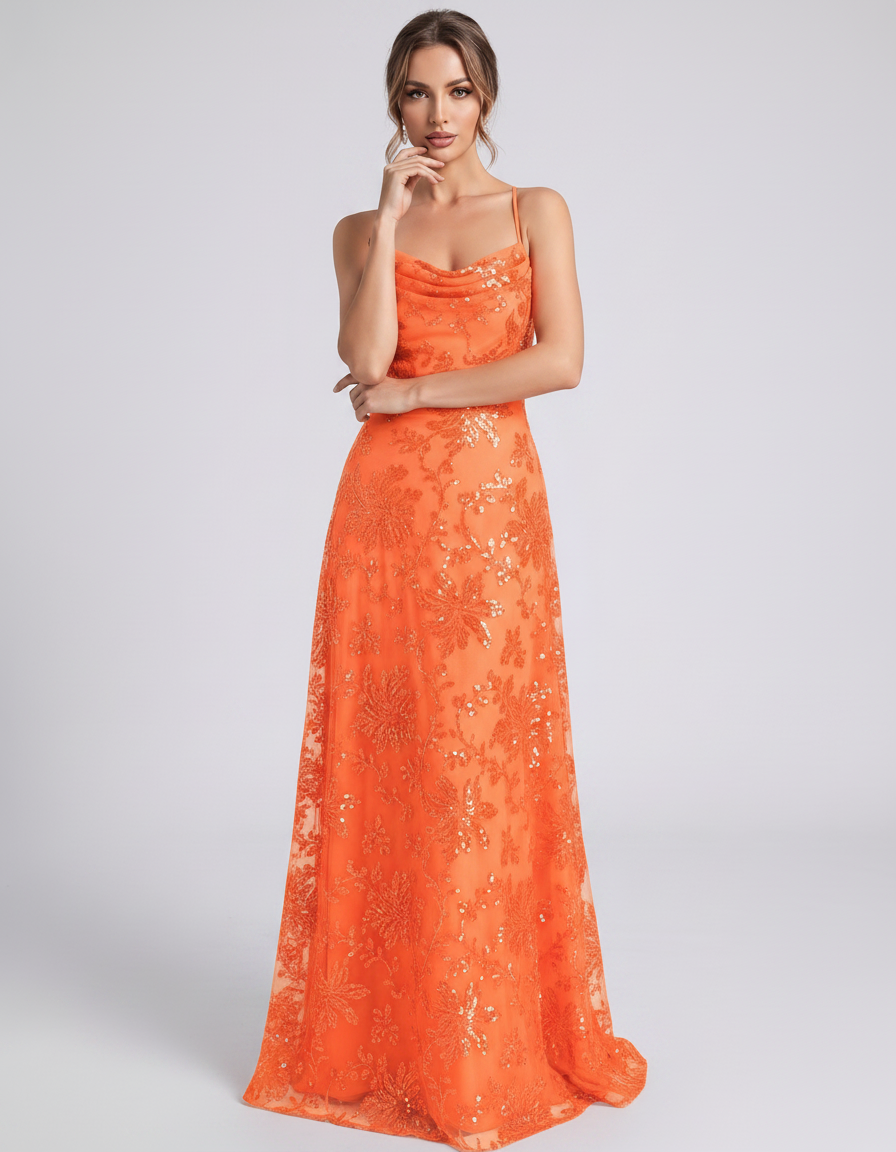 Orange Sequined Lace Spaghetti Strap Cowl Neck A-Line Maxi Dress | Ramblion | SKU: CM-726405193847261-ORANGE-L,CM-726405193847261-ORANGE-M,CM-726405193847261-ORANGE-S,CM-726405193847261-ORANGE-XL,CM-726405193847261-ORANGE-XS