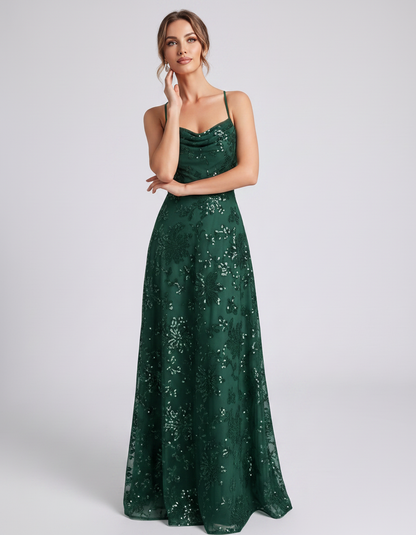 Emerald Sequined Lace Spaghetti Strap Cowl Neck A-Line Maxi Dress | Ramblion | SKU: CM-726405193847261-EMERALD-L,CM-726405193847261-EMERALD-M,CM-726405193847261-EMERALD-S,CM-726405193847261-EMERALD-XL,CM-726405193847261-EMERALD-XS