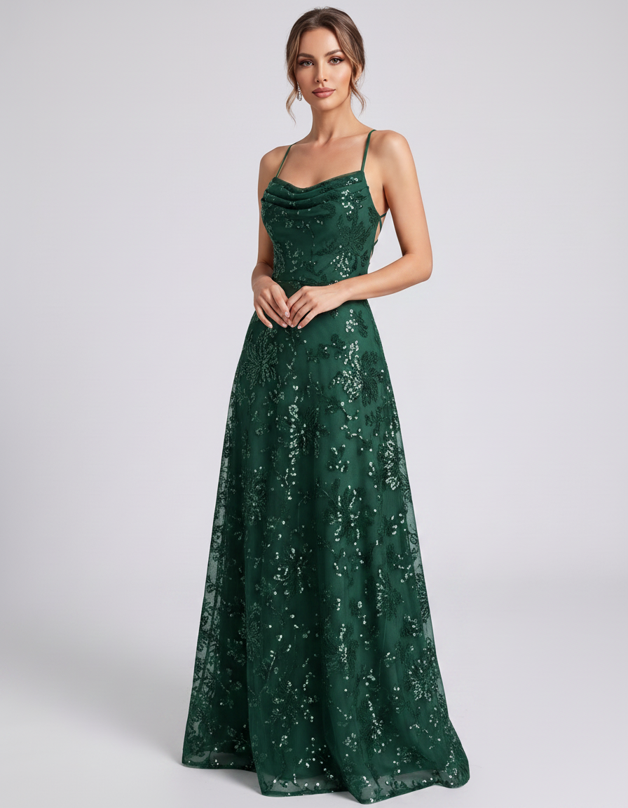 Emerald Sequined Lace Spaghetti Strap Cowl Neck A-Line Maxi Dress | Ramblion | SKU: CM-726405193847261-EMERALD-L,CM-726405193847261-EMERALD-M,CM-726405193847261-EMERALD-S,CM-726405193847261-EMERALD-XL,CM-726405193847261-EMERALD-XS