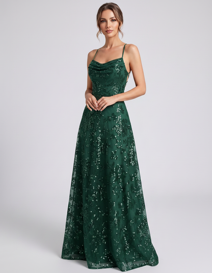 Emerald Sequined Lace Spaghetti Strap Cowl Neck A-Line Maxi Dress | Ramblion | SKU: CM-726405193847261-EMERALD-L,CM-726405193847261-EMERALD-M,CM-726405193847261-EMERALD-S,CM-726405193847261-EMERALD-XL,CM-726405193847261-EMERALD-XS