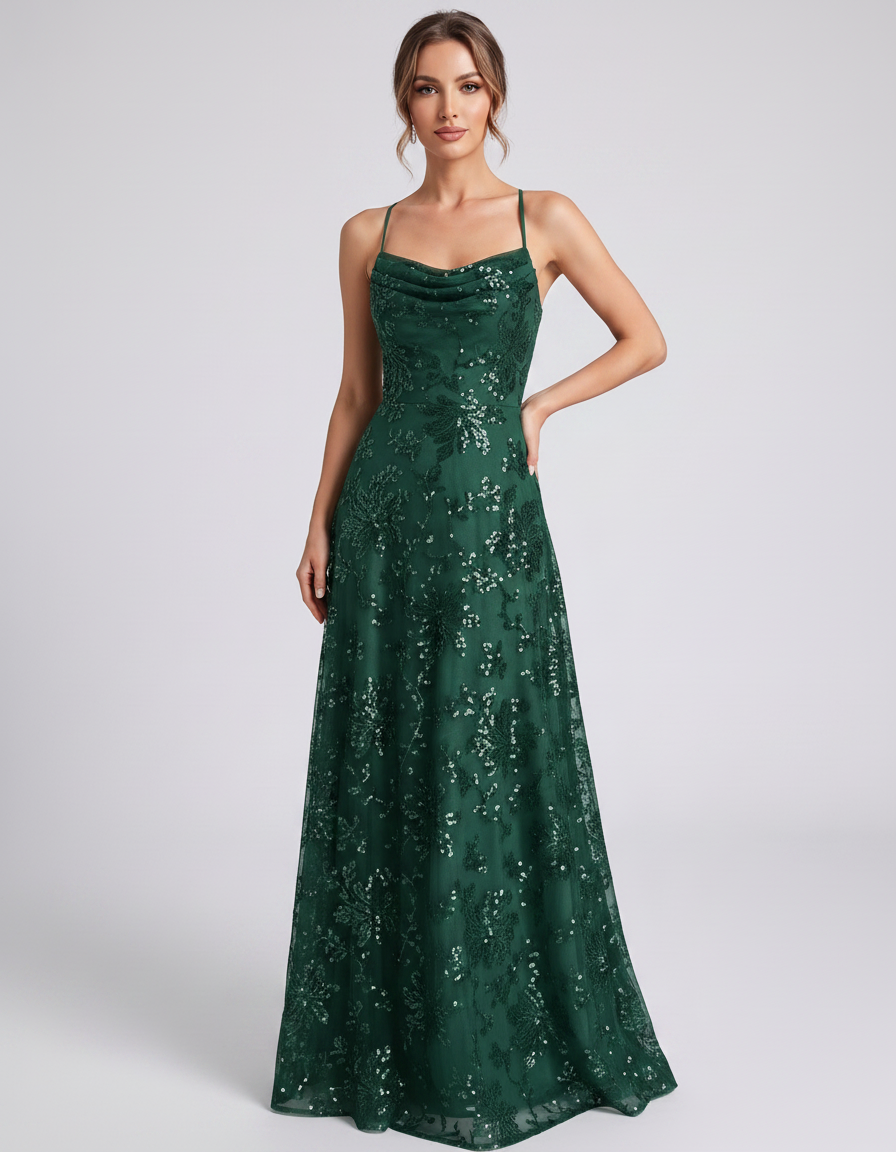 Emerald Sequined Lace Spaghetti Strap Cowl Neck A-Line Maxi Dress | Ramblion | SKU: CM-726405193847261-EMERALD-L,CM-726405193847261-EMERALD-M,CM-726405193847261-EMERALD-S,CM-726405193847261-EMERALD-XL,CM-726405193847261-EMERALD-XS