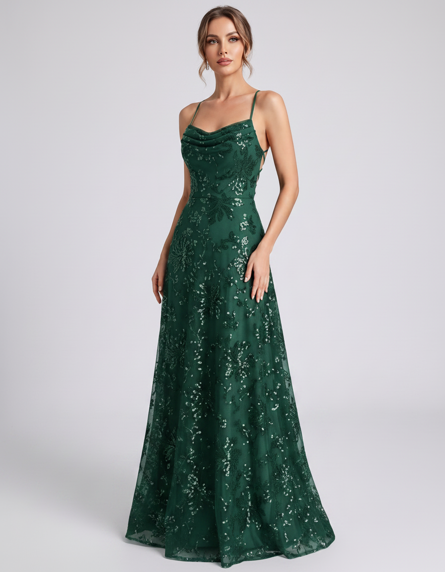 Emerald Sequined Lace Spaghetti Strap Cowl Neck A-Line Maxi Dress | Ramblion | SKU: CM-726405193847261-EMERALD-L,CM-726405193847261-EMERALD-M,CM-726405193847261-EMERALD-S,CM-726405193847261-EMERALD-XL,CM-726405193847261-EMERALD-XS