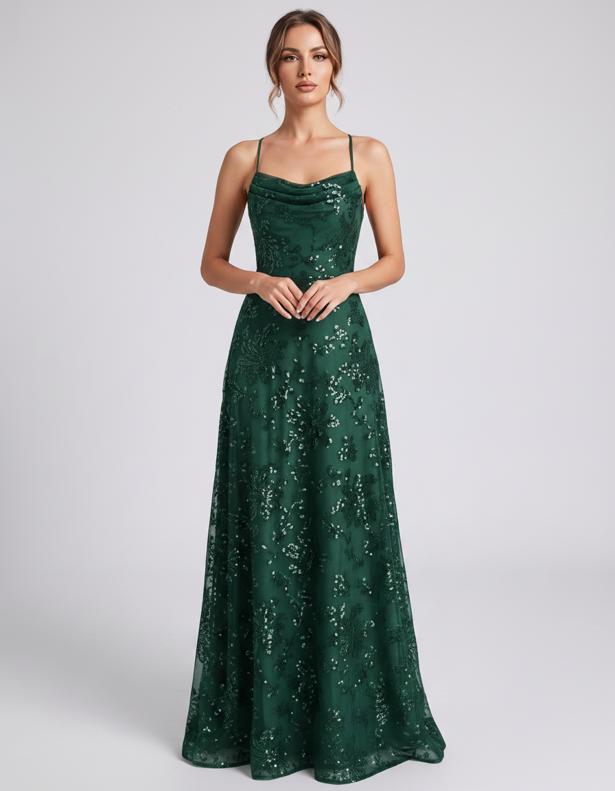 Emerald Sequined Lace Spaghetti Strap Cowl Neck A-Line Maxi Dress | Ramblion | SKU: CM-726405193847261-EMERALD-L,CM-726405193847261-EMERALD-M,CM-726405193847261-EMERALD-S,CM-726405193847261-EMERALD-XL,CM-726405193847261-EMERALD-XS