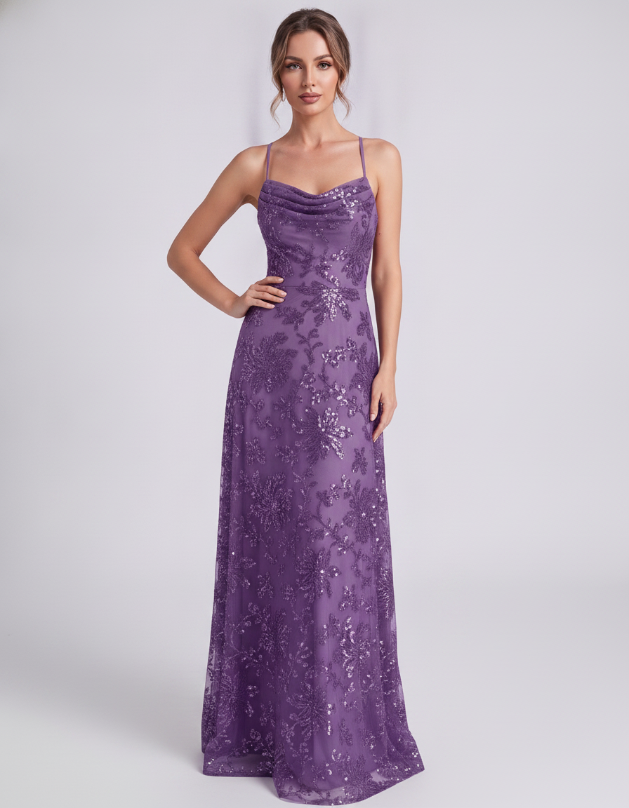 Purple Sequined Lace Spaghetti Strap Cowl Neck A-Line Maxi Dress | Ramblion | SKU: CM-726405193847261-PURPLE-L,CM-726405193847261-PURPLE-M,CM-726405193847261-PURPLE-S,CM-726405193847261-PURPLE-XL,CM-726405193847261-PURPLE-XS