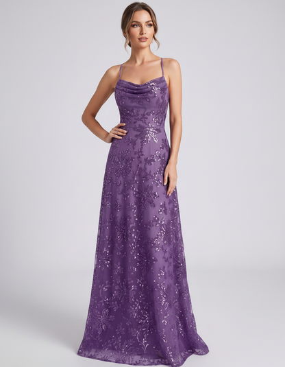 Purple Sequined Lace Spaghetti Strap Cowl Neck A-Line Maxi Dress | Ramblion | SKU: CM-726405193847261-PURPLE-L,CM-726405193847261-PURPLE-M,CM-726405193847261-PURPLE-S,CM-726405193847261-PURPLE-XL,CM-726405193847261-PURPLE-XS