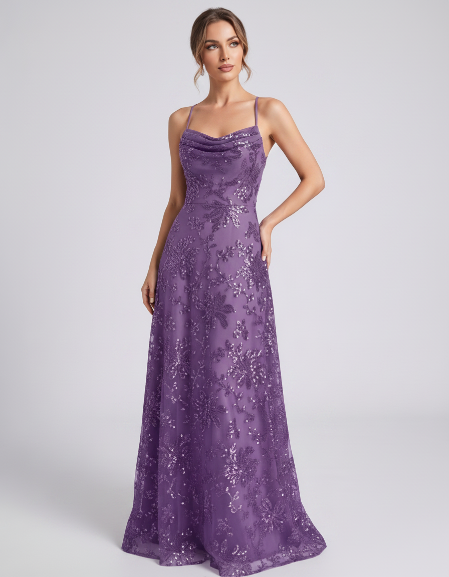 Purple Sequined Lace Spaghetti Strap Cowl Neck A-Line Maxi Dress | Ramblion | SKU: CM-726405193847261-PURPLE-L,CM-726405193847261-PURPLE-M,CM-726405193847261-PURPLE-S,CM-726405193847261-PURPLE-XL,CM-726405193847261-PURPLE-XS