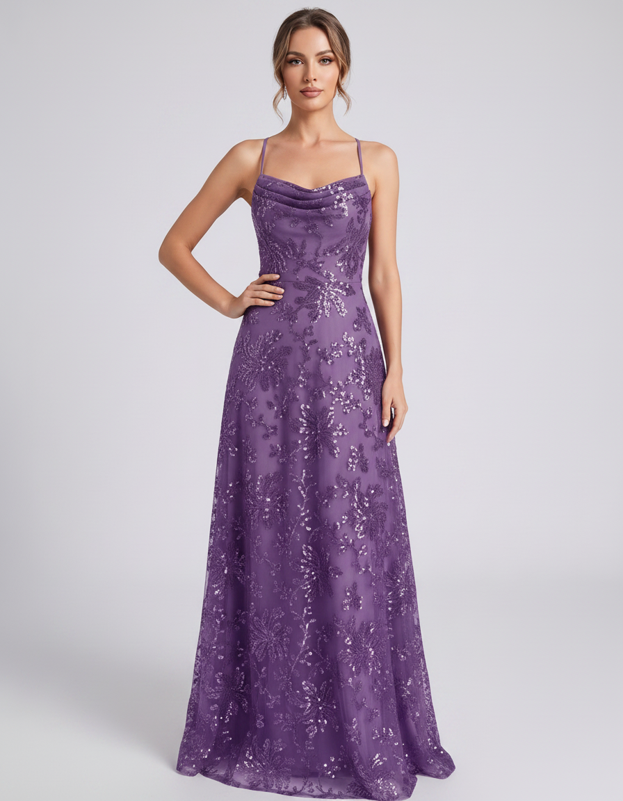Purple Sequined Lace Spaghetti Strap Cowl Neck A-Line Maxi Dress | Ramblion | SKU: CM-726405193847261-PURPLE-L,CM-726405193847261-PURPLE-M,CM-726405193847261-PURPLE-S,CM-726405193847261-PURPLE-XL,CM-726405193847261-PURPLE-XS