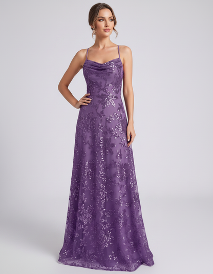 Purple Sequined Lace Spaghetti Strap Cowl Neck A-Line Maxi Dress | Ramblion | SKU: CM-726405193847261-PURPLE-L,CM-726405193847261-PURPLE-M,CM-726405193847261-PURPLE-S,CM-726405193847261-PURPLE-XL,CM-726405193847261-PURPLE-XS