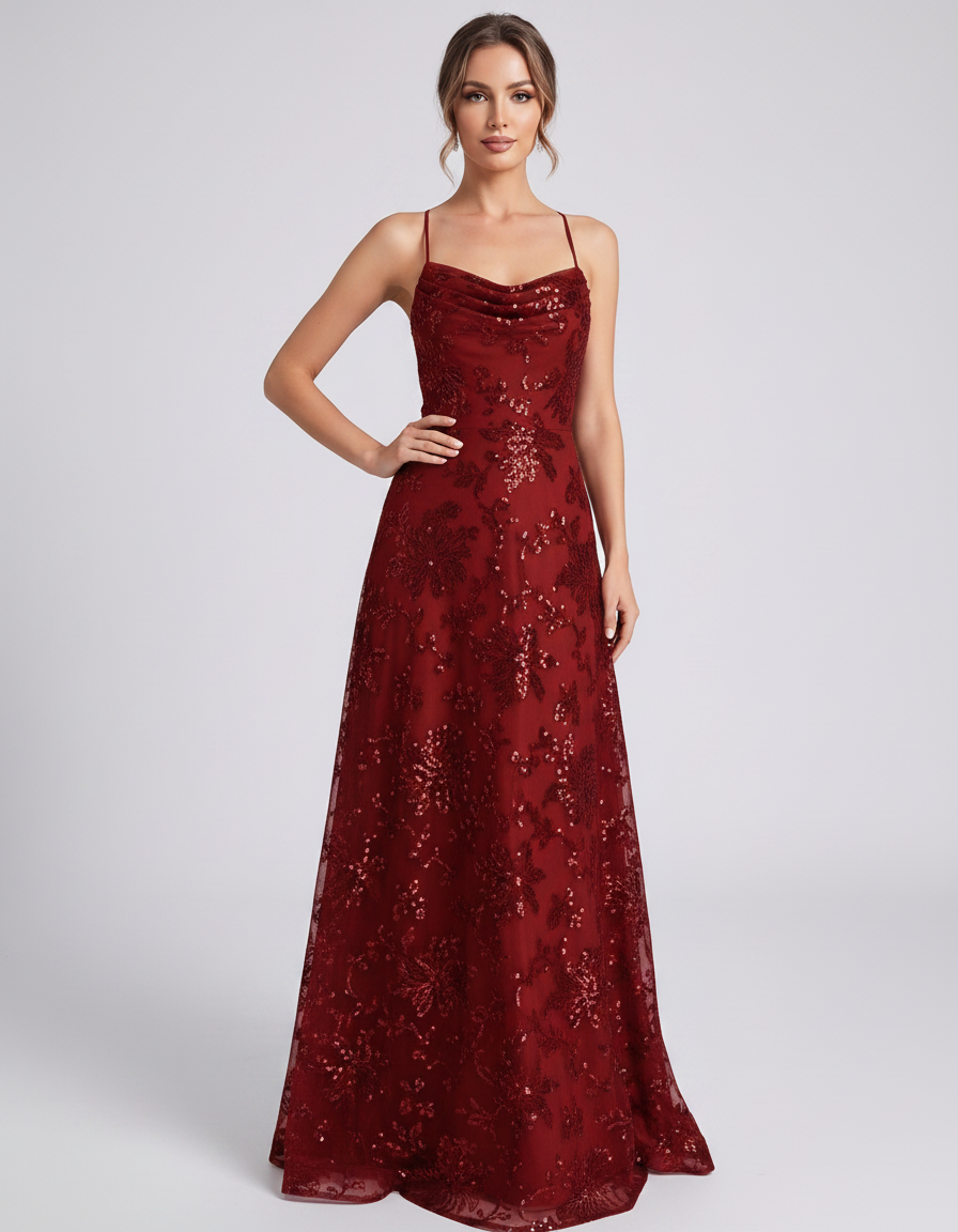Red Sequined Lace Spaghetti Strap Cowl Neck A-Line Maxi Dress | Ramblion | SKU: CM-726405193847261-RED-L,CM-726405193847261-RED-M,CM-726405193847261-RED-S,CM-726405193847261-RED-XL,CM-726405193847261-RED-XS